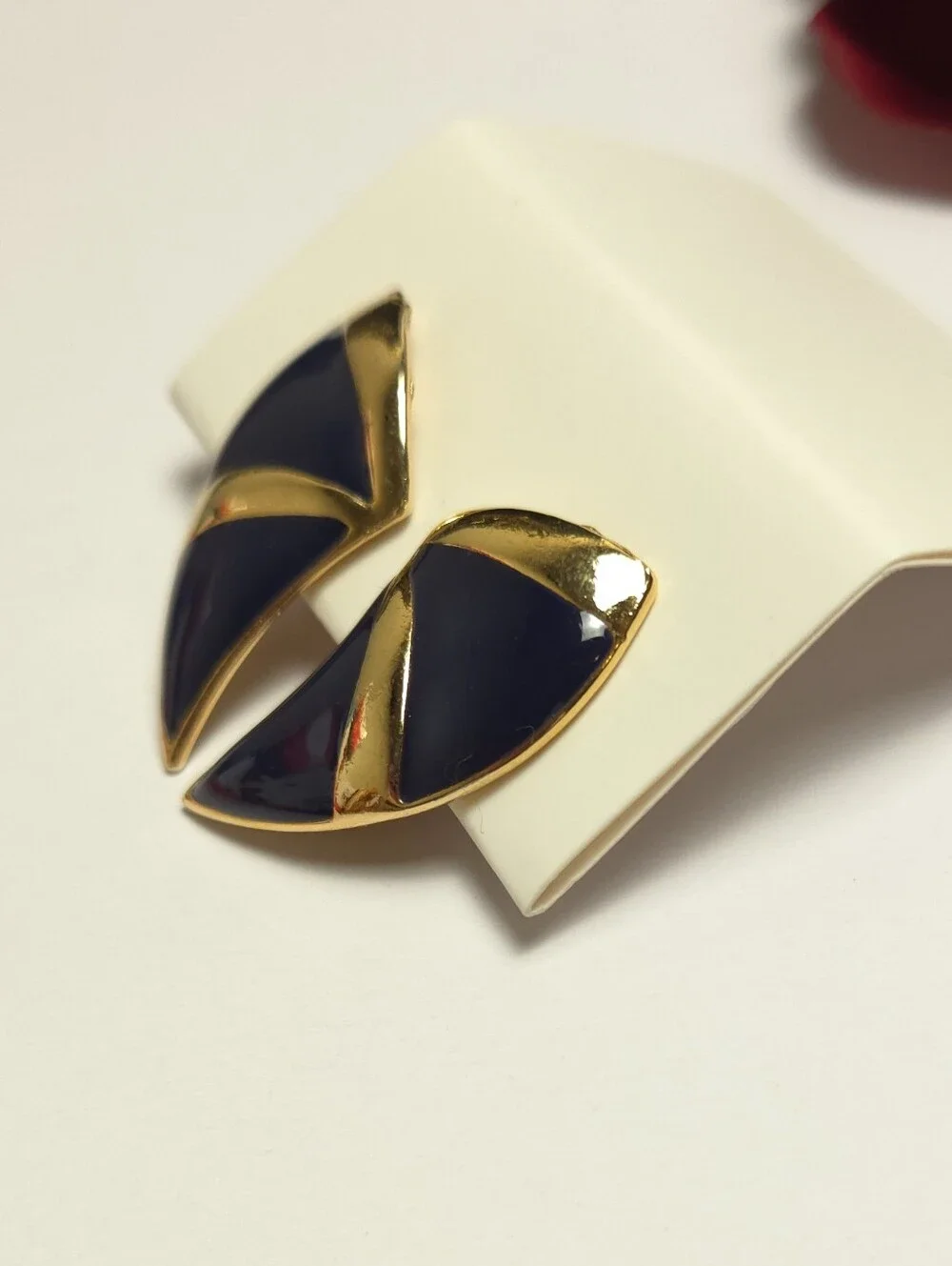 Vintage Monet Gold & Navy Blue Enamel Geometric Earrings Clip on Earrings Signed